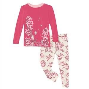 NEW KICKEE girls' long sleeve graphic tee pajama set in natural coral